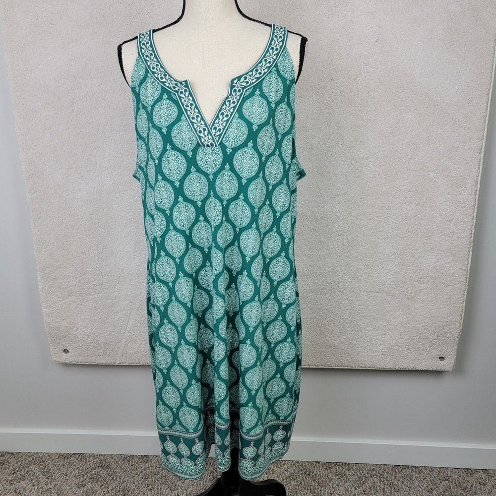 Magnolia Grace Womens XXL Green Pink Embroidered Boho Travel Midi Shift Dress - Picture 2 of 9